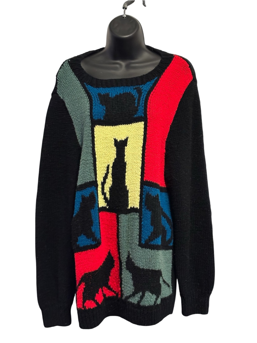 Vintage Handmade Black Multi-Color Cat Motif Knit Sweater
